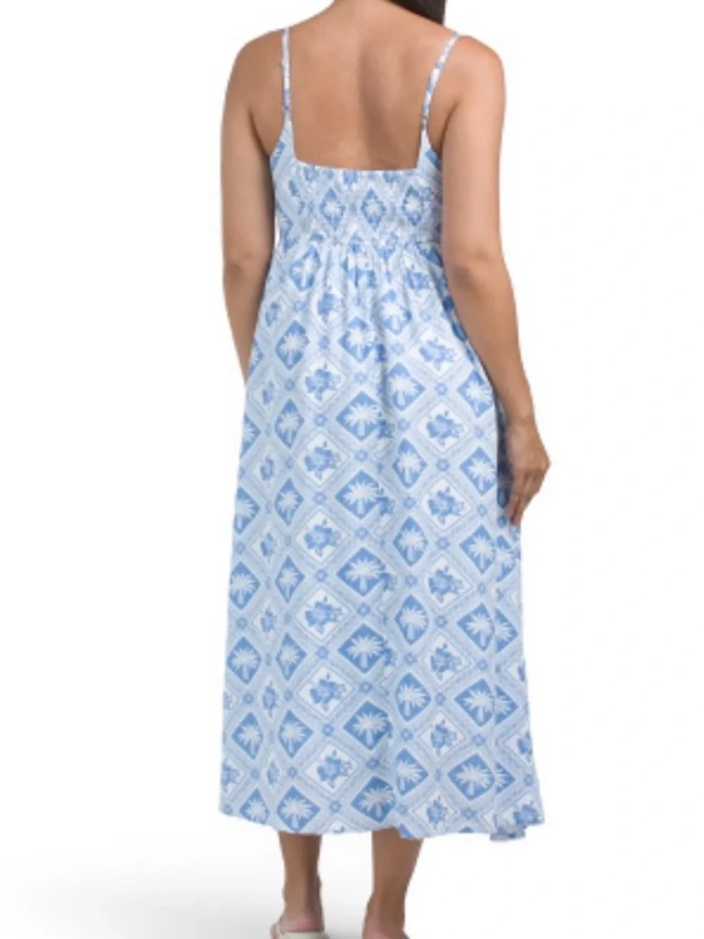 Blue Palm Tree Tile-Print Spaghetti-Strap Maxi Dress.